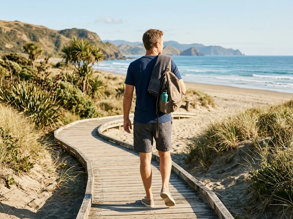 Active man walking along New Zealand beach at sunrise - men's wellness lifestyle