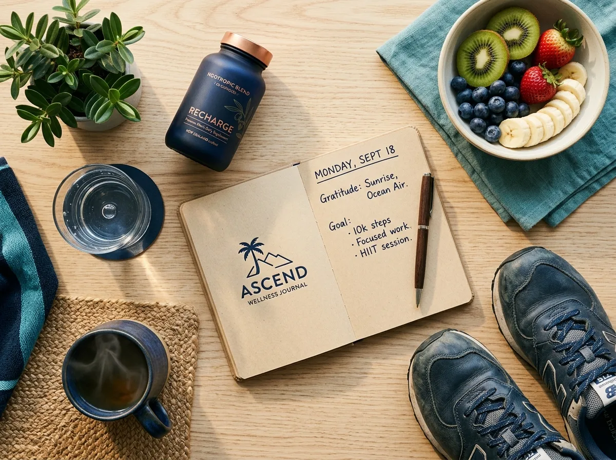 Healthy morning wellness routine - supplement, water, fresh fruit for men's health